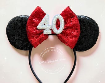 Black Sequin Minnie Ears | Red Bow Birthday Headband | Custom Age Mickey Ears for Adults & Teens | Disney-Inspired Party Accessory 10, 30,40