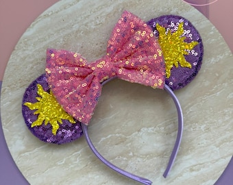 Rapunzel Inspired Tangled Purple Suns / Pink Bow Sequin Minnie Ears Headband | Disney Princess | Disneyland Accessory | Disneyworld