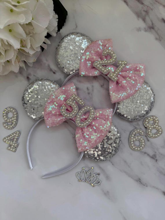 Sequin Mouse Ear Headbands in Pink and Silver Disney Minnie Mouse Pink & Silver Crystal Pavé Custom Ears  main image 3