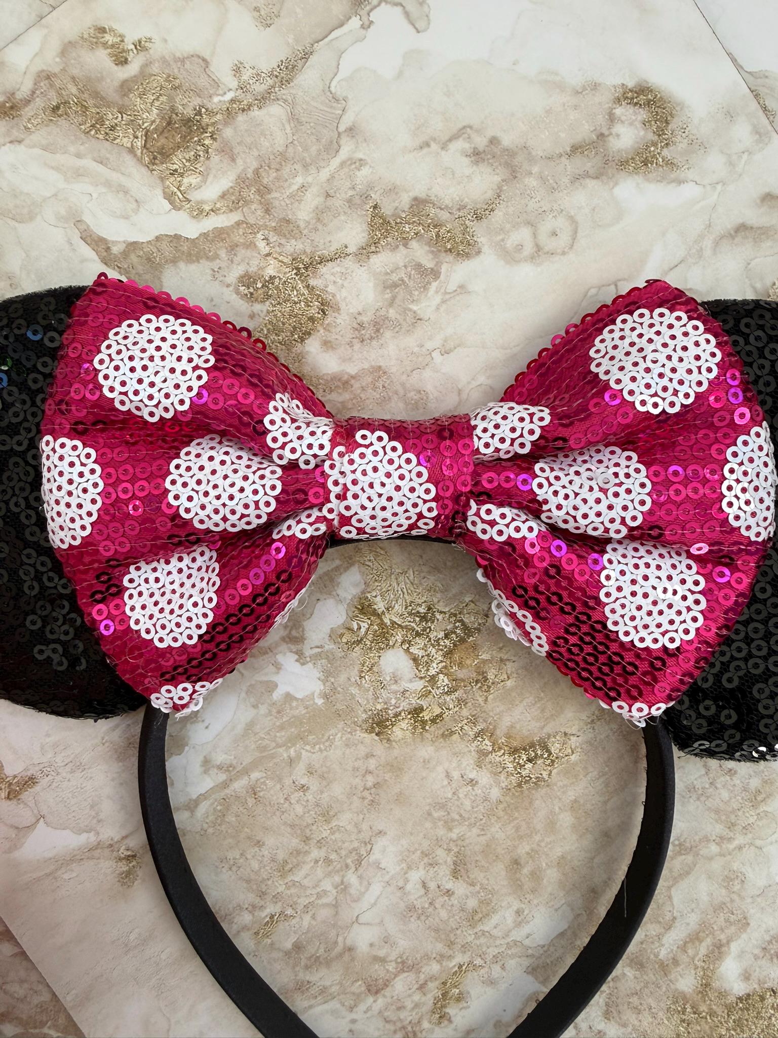 Women Dark Pink Polka Dot Bow Mickey Mouse Headband for Cosplay Adults Minnie Polka Dot Ears Pink Sequin Bow Headband main image 4