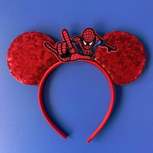 Superhero Mickey Ears Boys & Men, No Bow Disney inspired Headband, Spiderman Marvel Star Wars Avengers Inspired, Velvet / Sequin Mouse Ears Spiderman Red Sequin