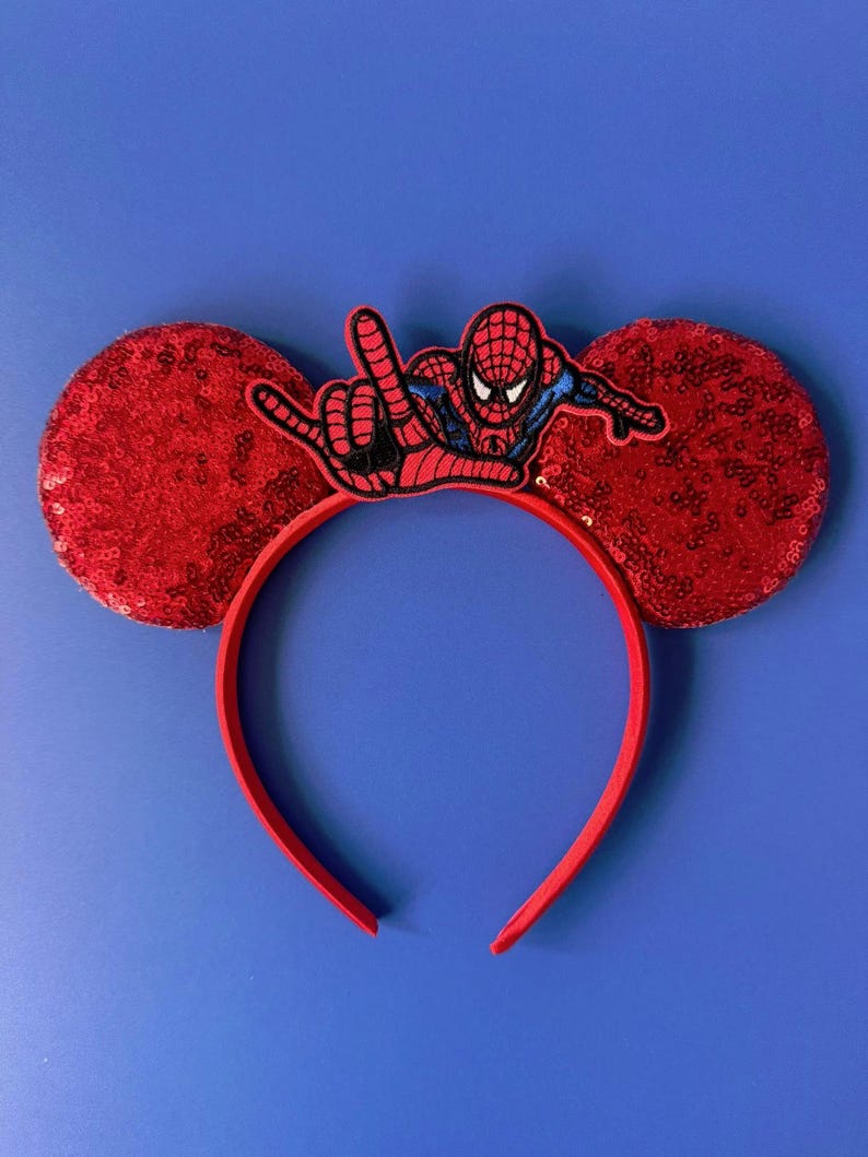 Superhero Mickey Ears Boys & Men, No Bow Disney inspired Headband, Spiderman Marvel Star Wars Avengers Inspired, Velvet / Sequin Mouse Ears Spiderman Red Sequin