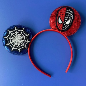 Superhero Mickey Ears Boys & Men, No Bow Disney inspired Headband, Spiderman Marvel Star Wars Avengers Inspired, Velvet / Sequin Mouse Ears Spiderman Blue/Red