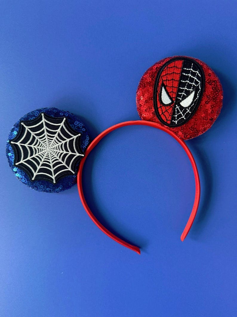 Superhero Mickey Ears Boys & Men, No Bow Disney inspired Headband, Spiderman Marvel Star Wars Avengers Inspired, Velvet / Sequin Mouse Ears Spiderman Blue/Red