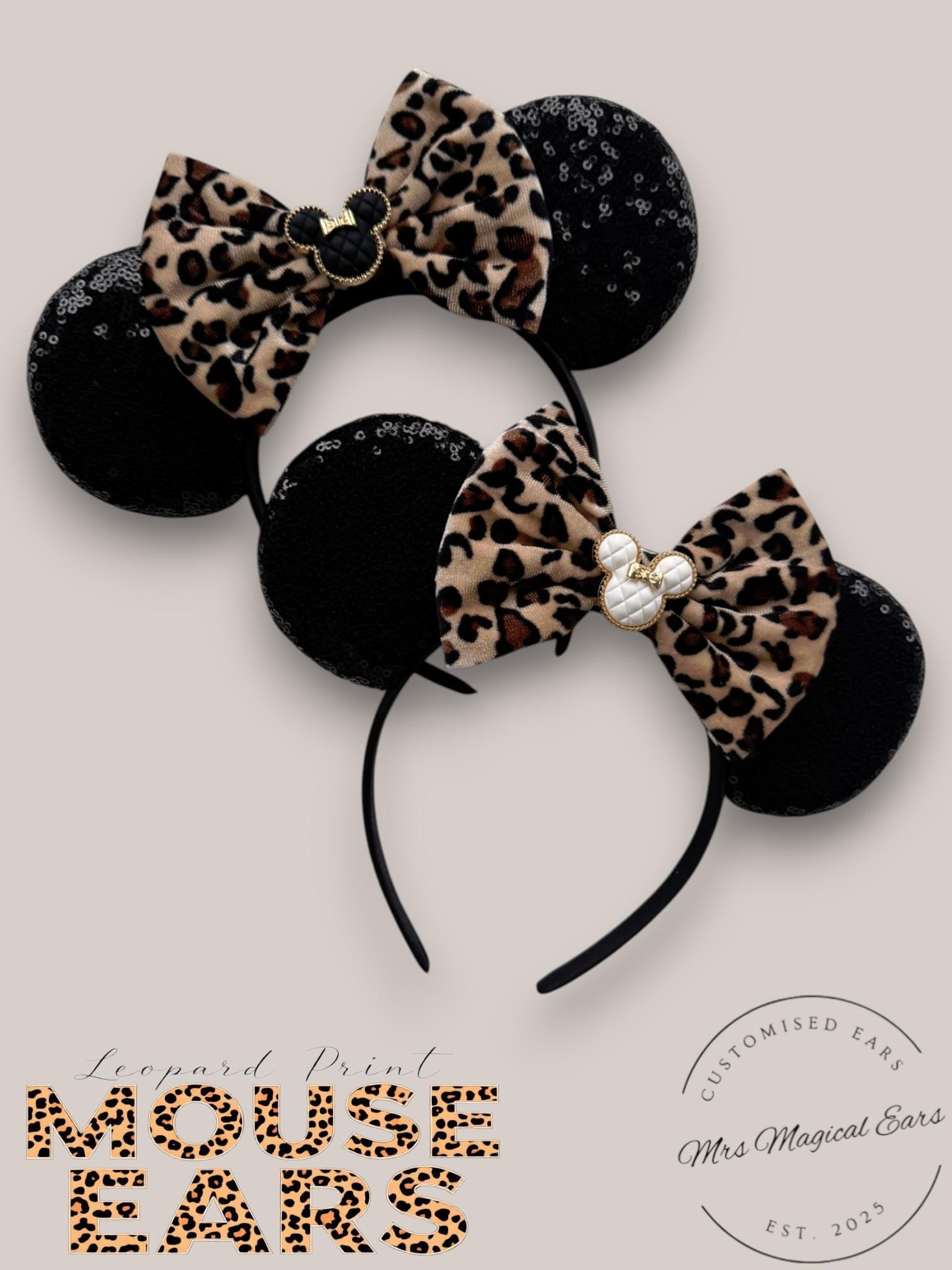 Disney Sequin Animal Patchwork Print Minnie Ears Headband with Black Bow Disney- Minnie Mouse Ears Bow Headbands, Girl main image 4