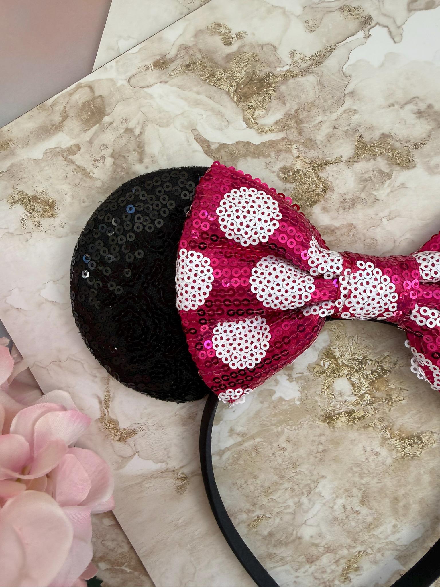 New Disney Parks Sequined Black with White Red Polka Dot Bow Ears Headband Disney-Park Black Sequin Red White Polka Dot Bow Minnie  main image 2