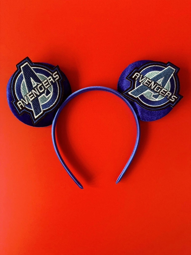 Superhero Mickey Ears Boys & Men, No Bow Disney inspired Headband, Spiderman Marvel Star Wars Avengers Inspired, Velvet / Sequin Mouse Ears Avengers Blue 2