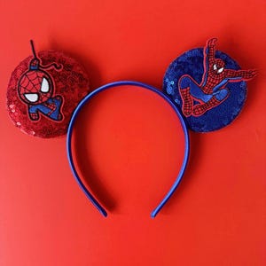 Superhero Mickey Ears Boys & Men, No Bow Disney inspired Headband, Spiderman Marvel Star Wars Avengers Inspired, Velvet / Sequin Mouse Ears Spiderman Red/Blue