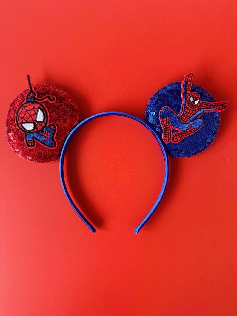 Superhero Mickey Ears Boys & Men, No Bow Disney inspired Headband, Spiderman Marvel Star Wars Avengers Inspired, Velvet / Sequin Mouse Ears Spiderman Red/Blue