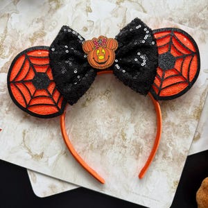 Disney Inspired Orange Sequin Minnie Ears | Halloween Mickey Ears | Glitter Cobwebs | Choice of Bow & Halloween Charm | Disney Headband