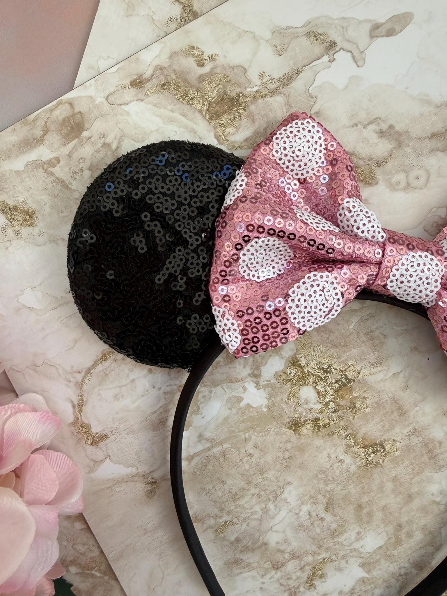 Women Dark Pink Polka Dot Bow Mickey Mouse Headband for Cosplay Adults Minnie Polka Dot Ears Pink Sequin Bow Headband main image 2