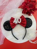 Black Sequin Minnie Ears | Red Bow Birthday Headband | Custom Age Mickey Ears for Adults & Teens | Disney-Inspired Party Accessory 10, 30,40