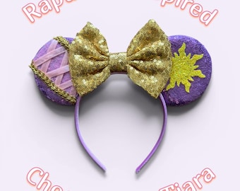 Rapunzel Inspired Minnie Mouse Ears, Tangled Princess Mickey Ears Headband, Disney Inspired Birthday Ears, Personalised Crown, Tiara Ears
