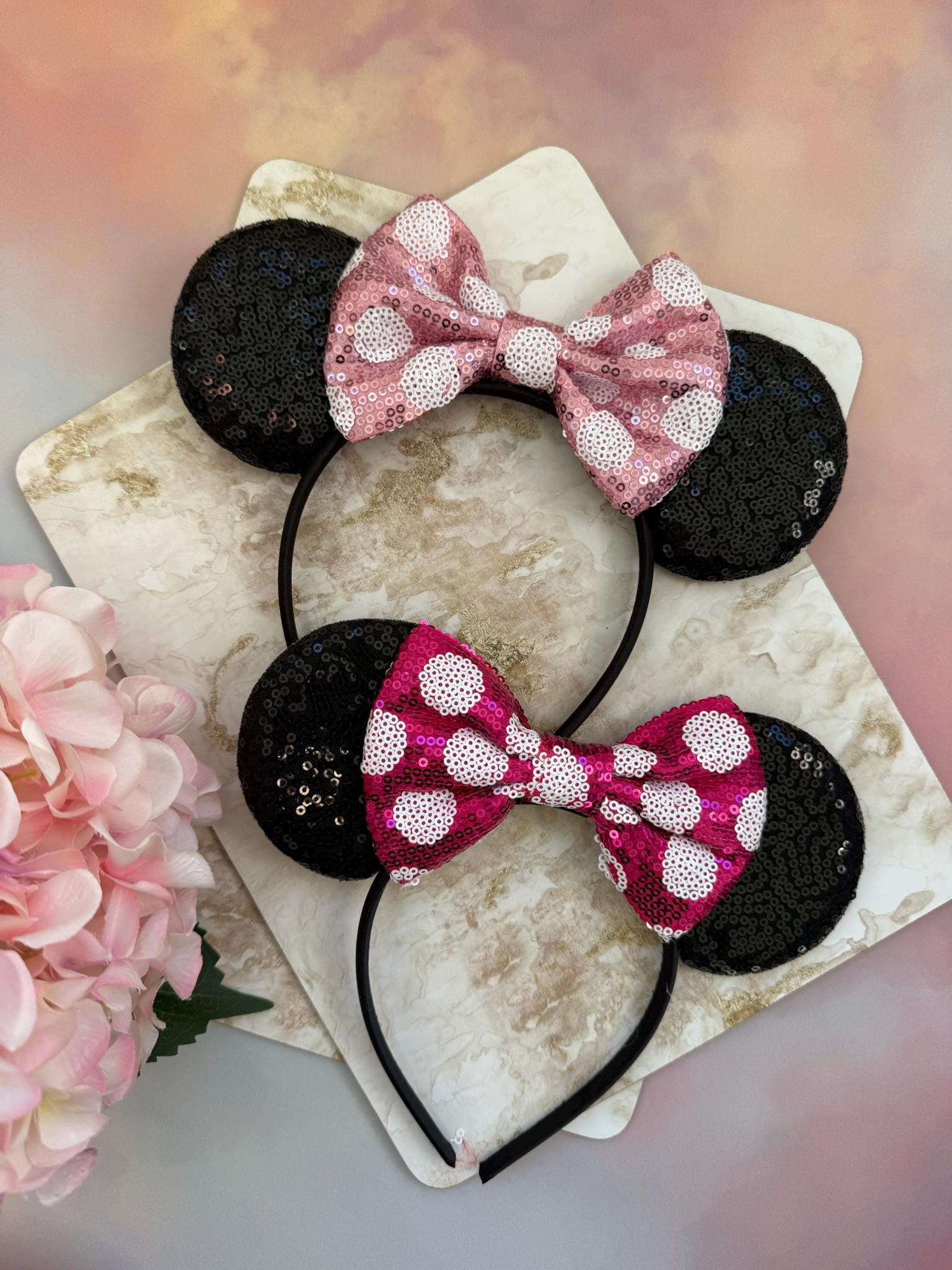 Women\'s Hot Pink Polyester Sequin Bow Mickey Mouse Headband Hair Accessory Pink Sequin Ears - Mickey Ears Headband - Little Ears Boutique main image 3