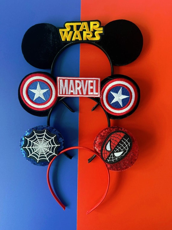 Superhero Mickey Ears Boys & Men, No Bow Disney inspired Headband, Spiderman Marvel Star Wars Avengers, Velvet / Sequin Mouse Ears