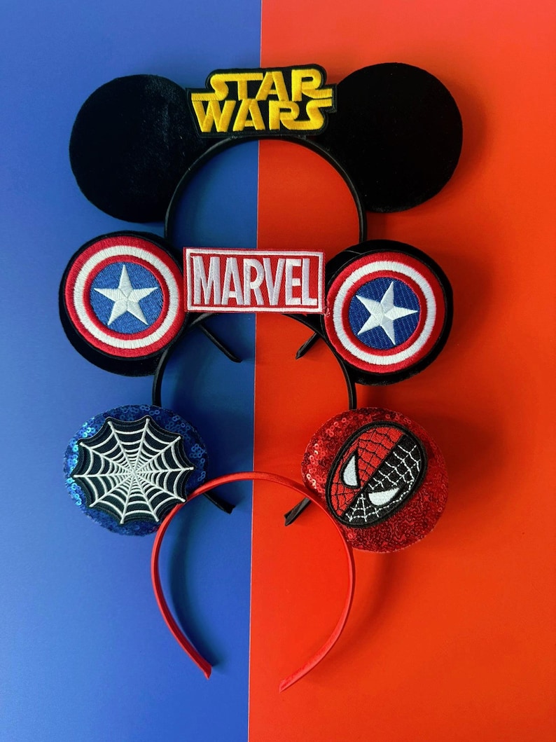 Superhero Mickey Ears Boys & Men, No Bow Disney inspired Headband, Spiderman Marvel Star Wars Avengers Inspired, Velvet / Sequin Mouse Ears image 1