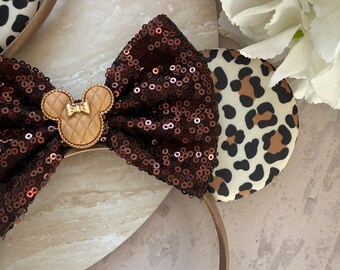 Leopard Print Mickey Ears + Brown Sequin Bow | Disney  display picture 2