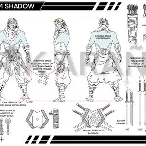 May include: Detailed black and white illustration of the G.I. Joe character Storm Shadow, featuring multiple views and accessories. Includes throwing stars, ninja claws, swords, a bow, and a quiver. Text includes "Storm Shadow" and "Erik Araña Designs."