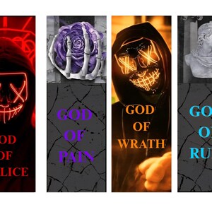 May include: Set of four bookmarks with dark themes. Each bookmark features a different design: a glowing mask, a purple rose held by a skeletal hand, a glowing mask, and a bust of a classical statue. Each design has a corresponding title: God of Malice, Pain, Wrath, and Ruin.