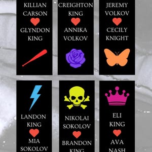 May include: Black rectangular bookmarks with various colorful icons and names. Each bookmark features a different icon, such as a lightning bolt, a crown, or a skull, along with names like Landon King and Mia Sokolov.