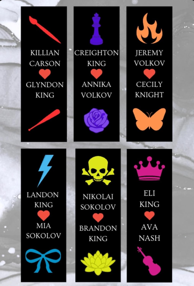 May include: Black rectangular bookmarks with various colorful icons and names. Each bookmark features a different icon, such as a lightning bolt, a crown, or a skull, along with names like Landon King and Mia Sokolov.
