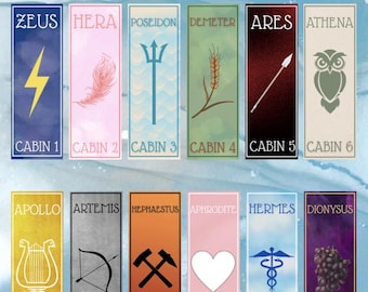 Percy Jackson Inspired 12 Bookmarks: Greek Gods, Goddesses and Cabins Printables