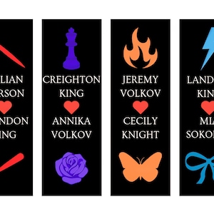 May include: Four black bookmarks with white text and colorful graphics. Each bookmark features a name, a heart, and another name. Graphics include a paintbrush, a chess piece, flames, and a lightning bolt. The bookmarks are for books.