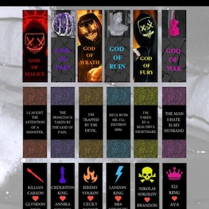 May include: A collection of printable bookmarks with a fantasy theme. Each bookmark features a unique design with text such as "God of Malice" and "The Man I Hate Is My Husband." The bookmarks are available for instant download.