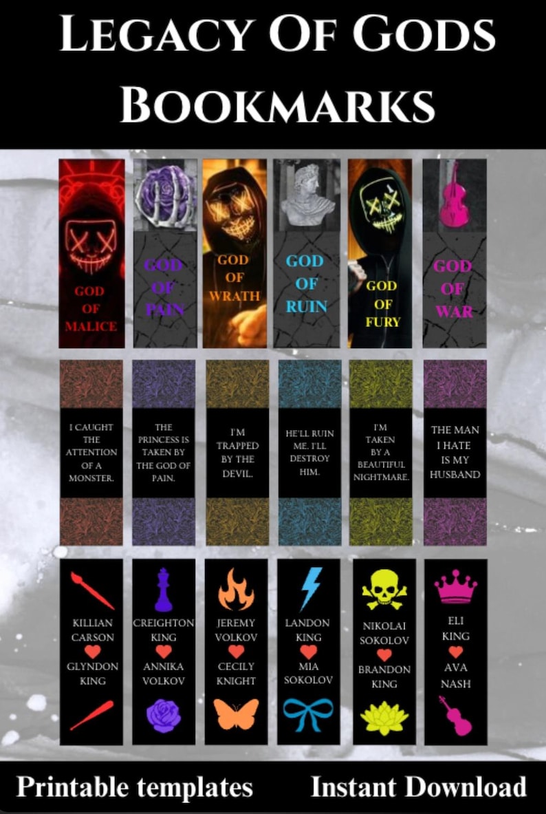 May include: A collection of printable bookmarks with a fantasy theme. Each bookmark features a unique design with text such as "God of Malice" and "The Man I Hate Is My Husband." The bookmarks are available for instant download.
