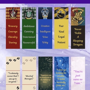 Può includere: Una collezione di segnalibri a tema Harry Potter. Ogni segnalibro presenta uno stemma della casa o una citazione della serie. I segnalibri sono in vari colori, tra cui rosso, verde, blu e giallo. Testo: "Printable templates" e "Instant Download".