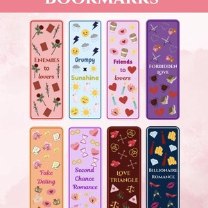 May include: A collection of eight colorful bookmarks with romance tropes, including "Enemies to Lovers," "Grumpy x Sunshine," and "Forbidden Love." Each bookmark features themed illustrations and text. The bottom of the image reads "Printable templates" and "Instant Download."
