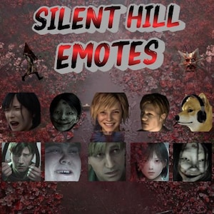 May include: A digital graphic featuring the text "SILENT HILL EMOTES" in red and black. The image includes various character portraits and figures from the Silent Hill video game series, set against a dark, floral background.