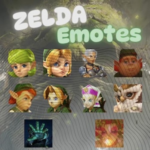 May include: A digital collection of Zelda Emotes featuring various character portraits including Link, Zelda, and other figures from the game series. The text ZELDA Emotes is displayed at the top in white and light green lettering over a dark background.