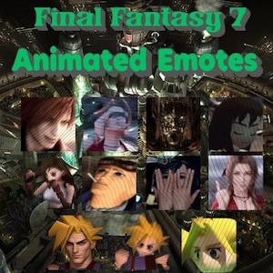 Pode incluir: Uma coleção digital de emotes animados de Final Fantasy 7 com vários retratos e expressões de personagens. O gráfico inclui o texto Final Fantasy 7 Animated Emotes exibido em letras verdes sobre um fundo industrial escuro.