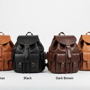 Handmade leather backpack available in cognac, black, dark brown and tan, vintage travel rucksack with buckle straps and multiple pockets, rustic boho backpack for work, college and everyday carry