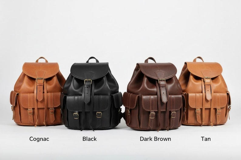 Handmade leather backpack available in cognac, black, dark brown and tan, vintage travel rucksack with buckle straps and multiple pockets, rustic boho backpack for work, college and everyday carry