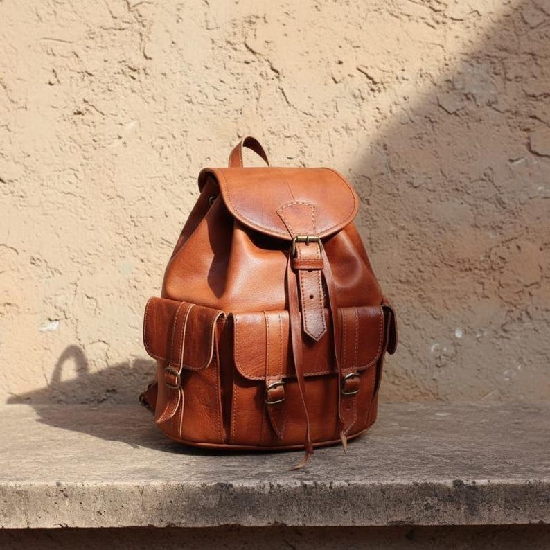Handmade brown leather backpack with vintage design and front buckle pockets, rustic travel rucksack for work, college, hiking and everyday carry