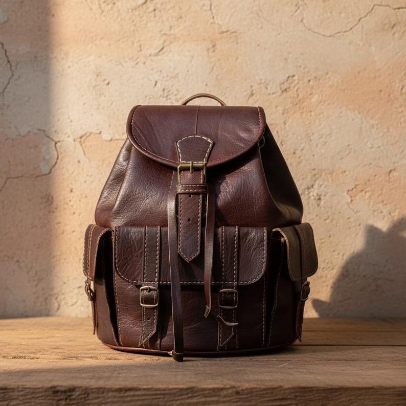 Handmade dark brown leather backpack with vintage style, rustic travel rucksack featuring buckle straps and front pockets, artisan leather bag for work, hiking and everyday carry