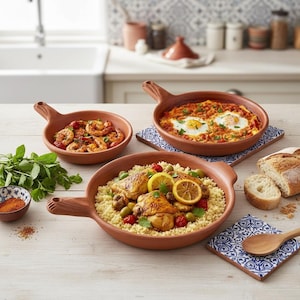 May include: Three terracotta serving dishes filled with food, including shrimp, eggs in tomato sauce, and chicken with couscous. The dishes have handles and are set on a light-colored wooden surface. Fresh herbs and bread are also present.