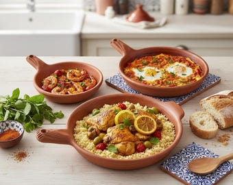 Juego de 3 ollas de barro marroquí hechas a mano / Cazuelas naturales / Juego de utensilios de cocina tradicionales para cocción lenta