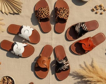 Handgefertigte marokkanische Ledersandalen für Damen | Handwerker Rindsleder Flache Sandalen | Verstellbare Knöchel Riemen Sommer Schuhe
