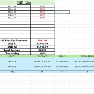 May include: A spreadsheet titled "Bill List" with columns for bills, income, and remaining funds. The top section lists bills with amounts, totaling $500 in monthly expenses. The income section shows $2,000 total income and $1500 remaining.