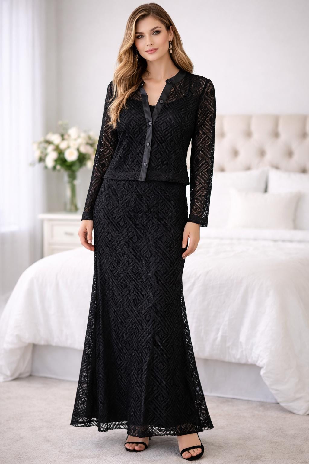 green emerald velvet dress Lace & Satin Gown with Sheer 3/4 Sleeve Scalloped Lace Jacket