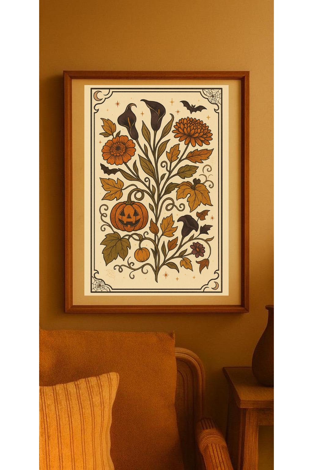 Halloween Floral Jack-o'-lantern Print: Vintage Witchy Botanical