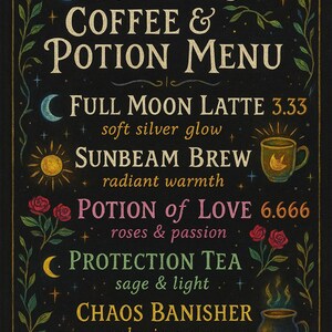 May include: A black sign with the text "The Witch's Coffee & Potion Menu" in cream-colored lettering. The menu lists various drinks like Full Moon Latte, Sunbeam Brew, and Potion of Love, with decorative floral and celestial elements.