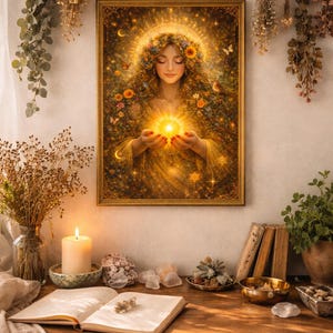May include: A framed artwork depicts a woman holding a glowing orb, surrounded by flowers and a golden halo. The scene is set on a wooden table with a lit candle, open book, crystals, and dried plants, creating a serene, spiritual ambiance.
