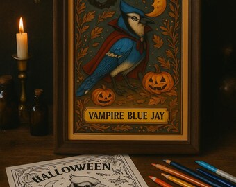 Pacote de páginas para colorir de Halloween com gaio-azul e vampiro | Folha para colorir de pássaro adulto e arte de parede para imprimir