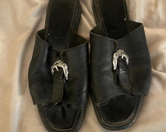 Vintage Y2K Brighton Beth Black Leather Slides, Made in Italy Silver Buckle Sandals, Women’s Size 8
