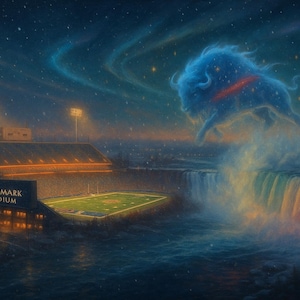 May include: A night-time artistic depiction of a football stadium, featuring a luminous blue bison leaping over a waterfall. The stadium is illuminated, and the sky is filled with stars and the aurora borealis.