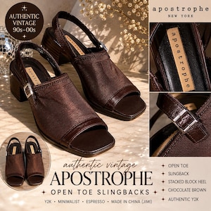 May include: Brown open-toe slingback sandals with a stacked block heel. The sandals feature a buckle closure and the brand name "APOSTROPHE" is visible. The style is described as authentic vintage from the 90s-00s.